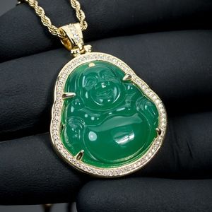 Gold Green Jade Buddha Pendant Rope Chain Necklace